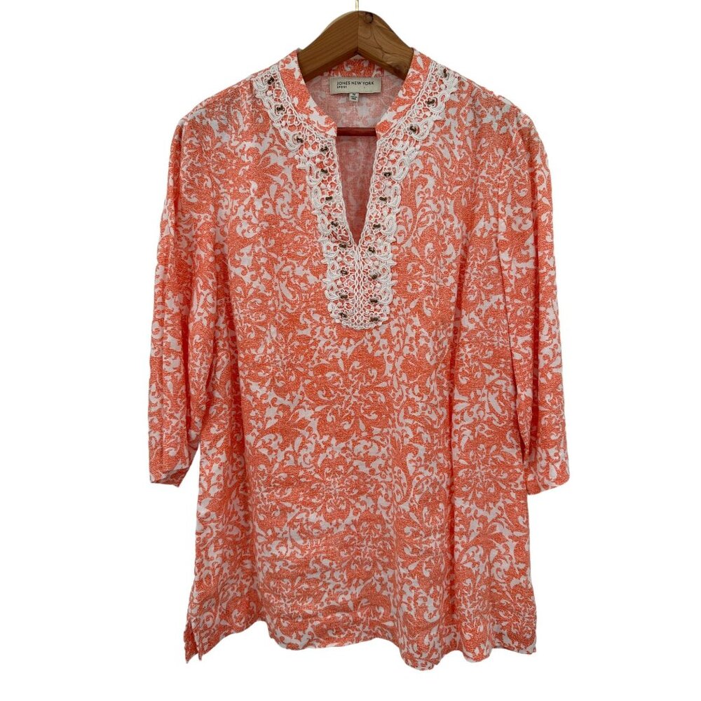 Jones New York Sport Orange & White Printed 3/4 Slv Linen Tunic Top Medium